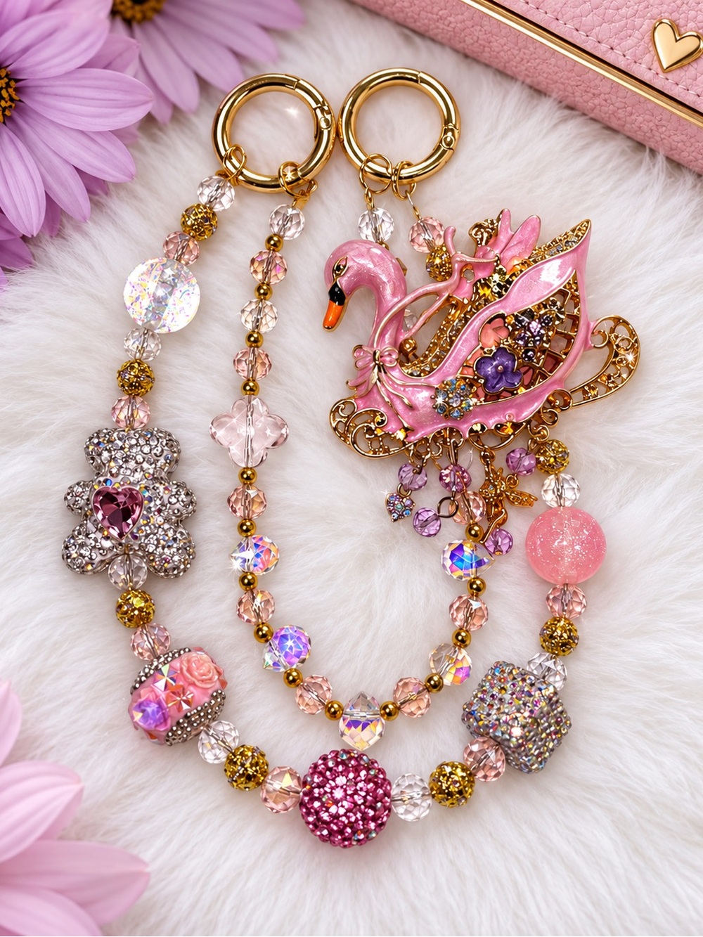 Beautiful sparkling swan and bear double sided bag charm new